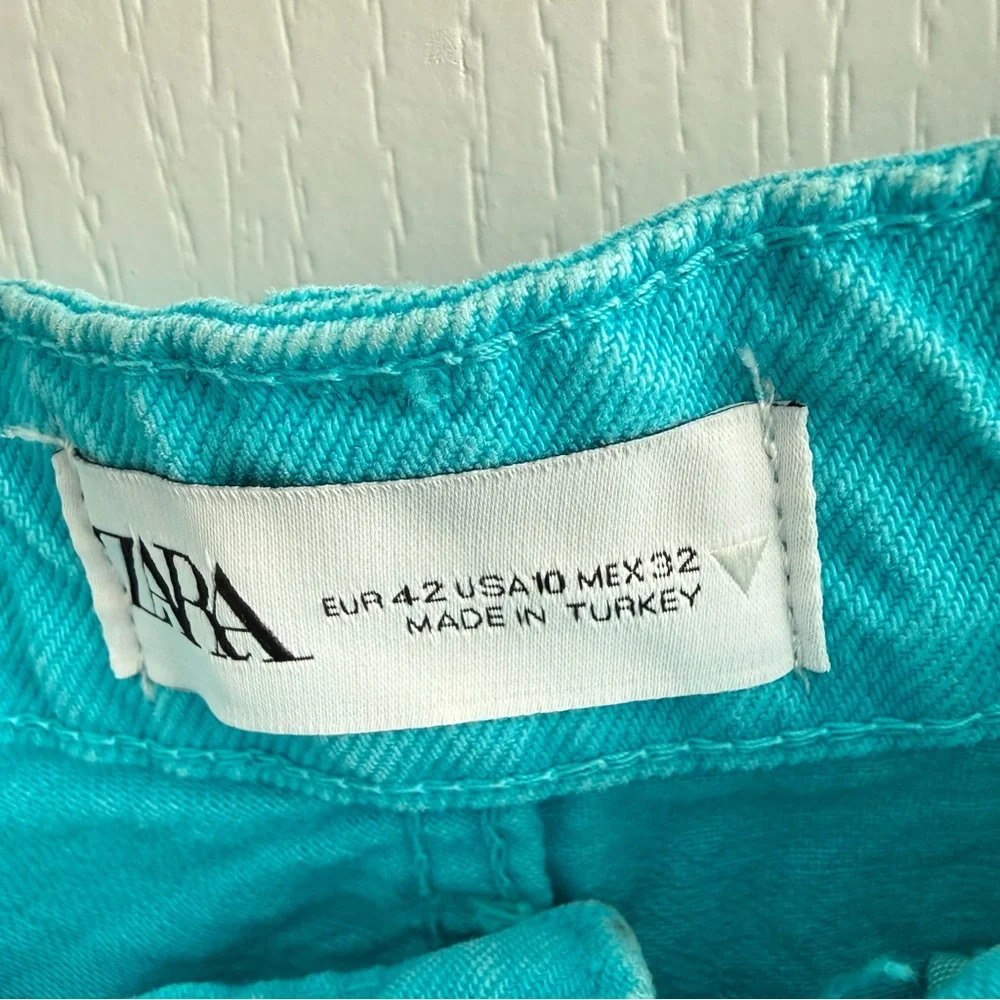 NWT ZARA Full Length High Waist Wide Leg Turquoise Jeans Five Pocket Size 10 - Picture 16 of 17